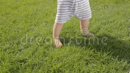 可爱的小男孩在花园草地上迈出第一步的特写镜头视频