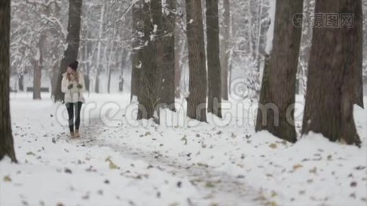 雪林中的女孩。 很多雪视频