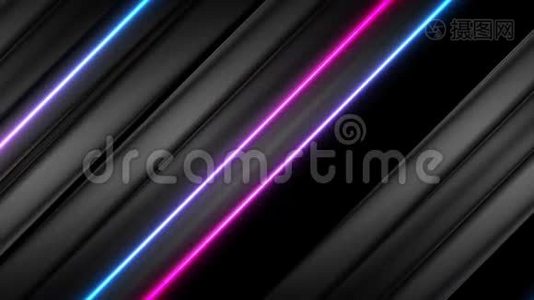 黑色技术平滑条纹抽象视频动画蓝紫色霓虹灯线视频