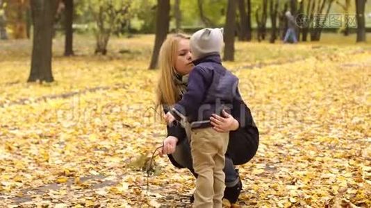 秋天公园里一位母亲和她儿子的肖像。视频
