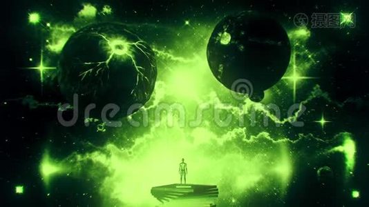 带有星云和星环运动背景的绿色科幻空间行星视频