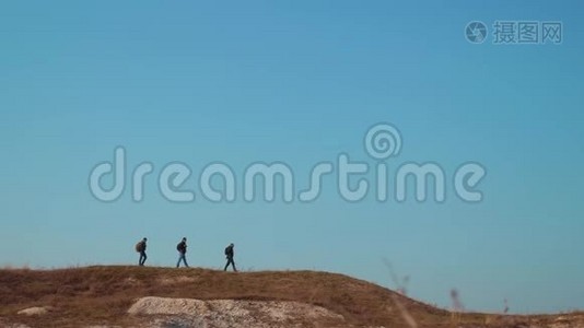 团队合作商务旅行剪影概念.. 人们徒步旅行者小组和狗的轮廓阳光下的游客团队合作视频