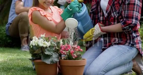 母亲和女儿给植物浇水视频