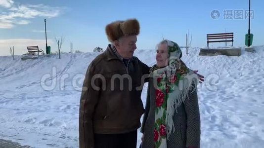 老人夫妇在公园的冬天放松。 快乐的祖父和祖母一起散步视频