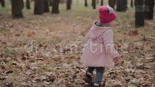 美丽的小女孩独自走在森林里。视频