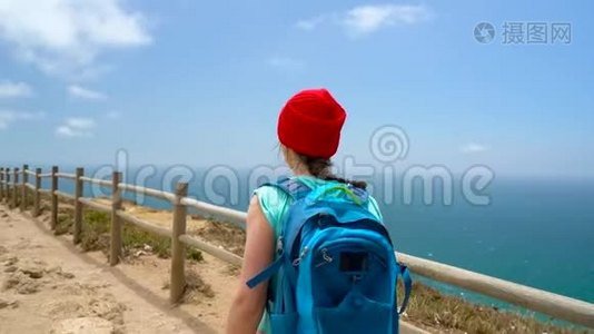 一个背着背包的女人在一片风景如画的山丘上走向大海视频