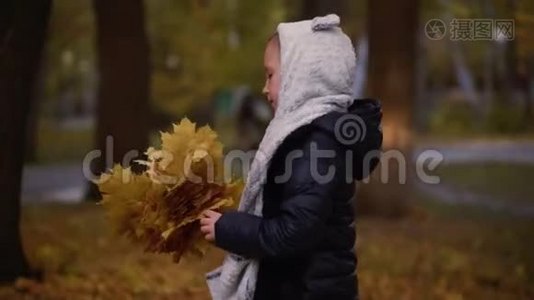 秋天，七岁的女孩在公园散步，手里拿着树叶视频