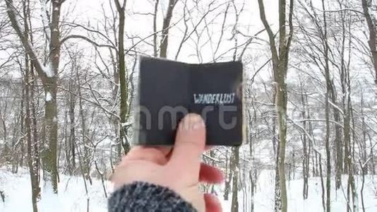 手拿着一本书，上面写着冬日森林背景下的流浪视频