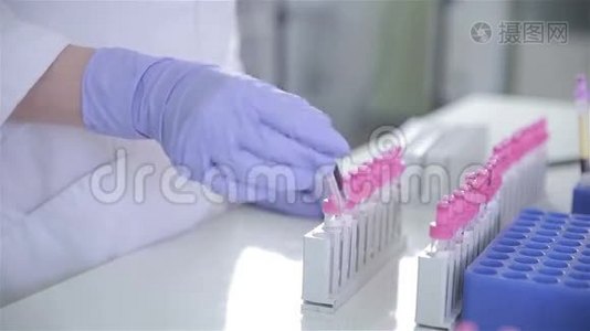 科学家，医生在现代明亮的实验室用血样检查试管。视频