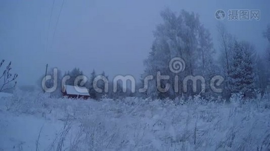 在暴风雪和薄雾中，宅基地上覆盖着霜冻的树木，时间流逝4K视频