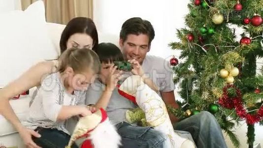 孩子们在圣诞袜子里寻找礼物视频