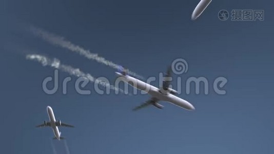 飞行飞机显示波特兰字幕。 去美国旅行概念介绍动画视频