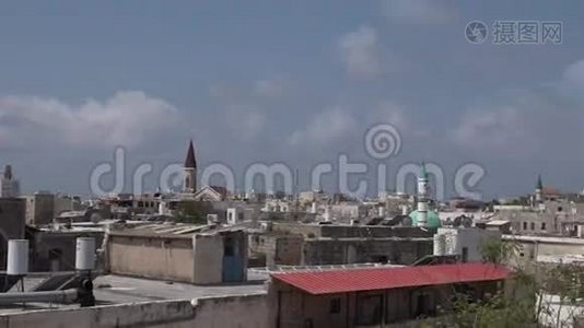 城市鸟瞰阿克科老城港口天际线，以色列。视频