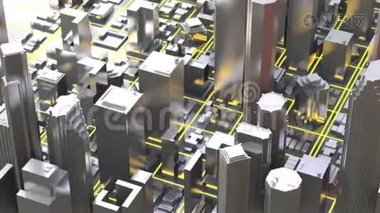 三维城市渲染与线条和数字元素。 数字摩天大楼。 技术视频概念视频