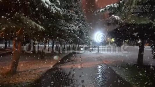 在第一场雪期间在城市公园散步，这是一个美丽的夜晚城市景观视频