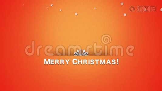动画特写圣诞快乐文字，橙色背景下白色雪花视频