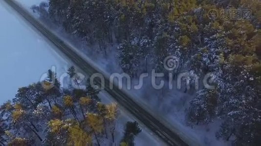 一辆车在乡村公路上穿过冬季森林。 从无人驾驶飞机俯视。 穿过森林的道路的鸟瞰图视频