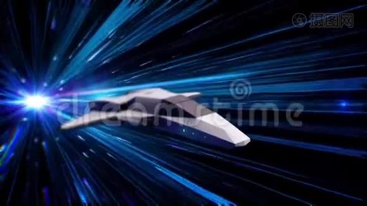 超空间宇宙飞船的美丽抽象动画跳跃穿越外层空间。 动画。 三维动画视频