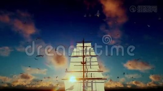 老海盗船驶去，美丽的日落与海鸥飞翔，倾斜，声音包括在内视频