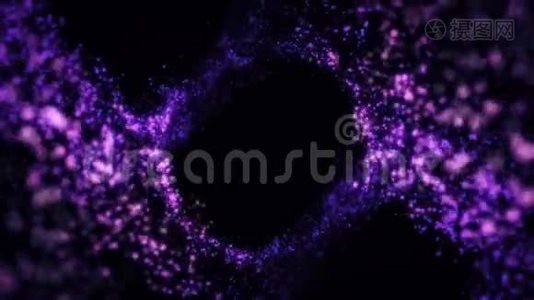 抽象的，紫色闪光的粒子漩涡形成大圆。 太空星尘飞舞，形成黑色的圆环视频