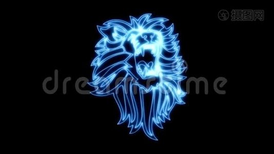 蓝色霓虹灯狮子咆哮动画标志循环图形元素v1视频