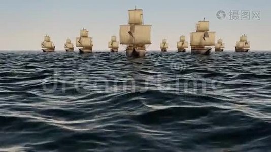3旧木船舰队在海洋上的动画视频