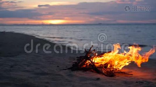 夏日的傍晚，海滩上熊熊燃烧的篝火。 本质上的篝火作为背景。 日落时在白沙海岸烧木头。视频