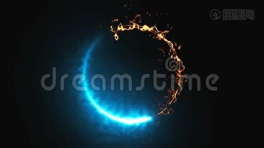 空间中明亮的反人体火和冰环，这是相反的符号，三维渲染，计算机生成的背景视频