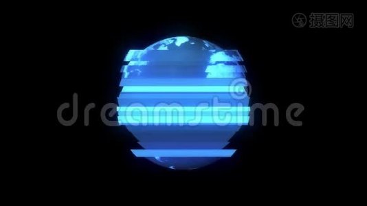 HUD地球球在黑暗空间中旋转隔离，噪音干扰复古效果电视屏幕动画视频