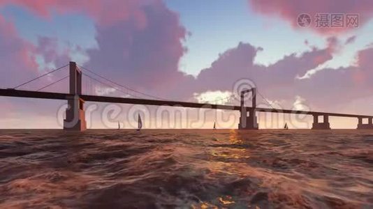 桥和汹涌的海洋与船只视频
