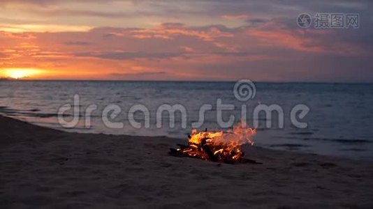 夏日的傍晚，海滩上熊熊燃烧的篝火。 本质上的篝火作为背景。 日落时在白沙海岸烧木头。视频