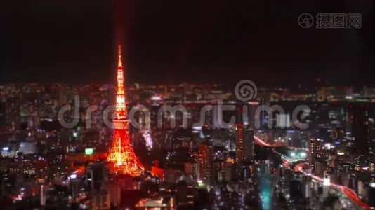 日本东京塔夜间宽空延时拍摄。视频