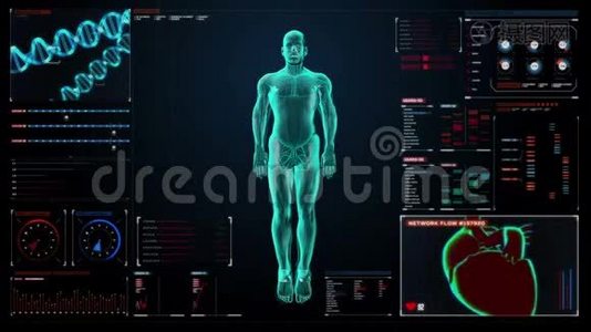 数字显示仪表板中男性身体的扫描脑。 X光透视视频