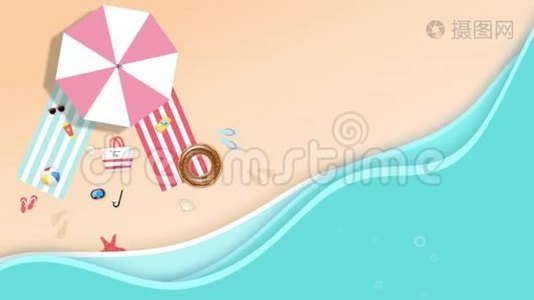 夏季美丽海滩的插图，具有复制空间、二维和三维动画、4K视频视频
