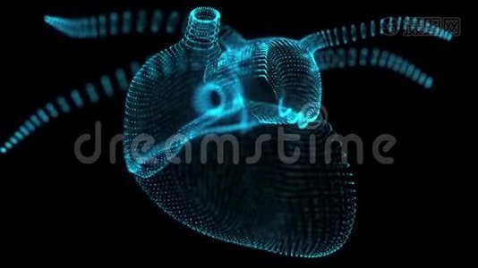 人类心灵的无缝循环运动。 发光蓝光粒子点人体心脏模型视频