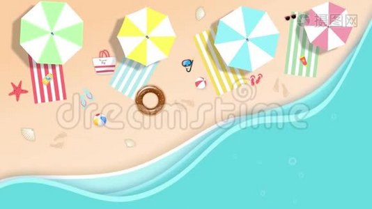 夏季美丽海滩的插图，具有复制空间、二维和三维动画、4K视频视频