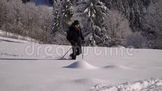 一个孤独的游客走过山林中的雪。 冬天雪林里的旅行者。 一个年轻人视频