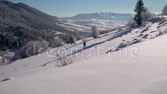 一个孤独的游客走过山林中的雪。 冬天雪林里的旅行者。 一个年轻人视频