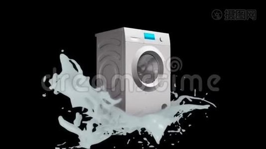 用电子面板在白色飞溅的黑色背景上旋转的白色洗衣机的抽象三维模型视频