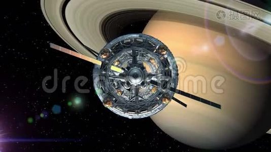 通过土星背景的科幻飞船之门飞行，绿色屏幕，三维动画。 纹理视频