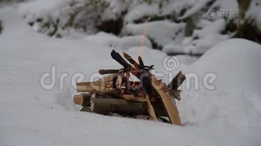 在森林里的雪地上开火视频