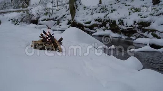 在森林里的雪地上开火视频