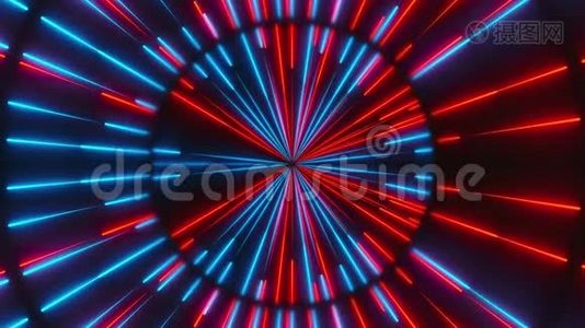 霓虹灯的构图有明亮的形状，如霓虹灯隧道是在黑暗的空间，3d渲染计算机生成的背景视频