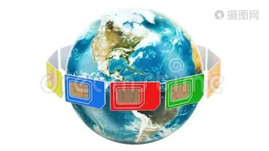 全球移动通信，绕地球旋转的SIM卡，三维渲染视频