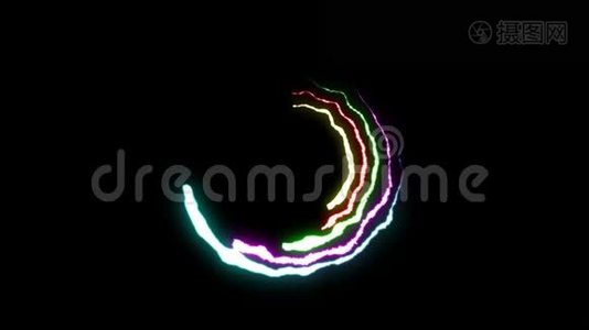 可循环动画RAINBOW雷电螺栓圆形飞行打击黑色背景动画新质量独特动态视频