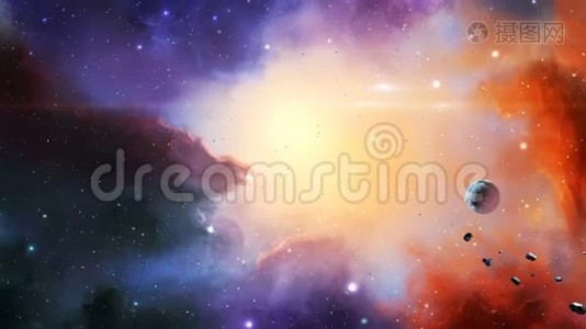 太空场景。 五颜六色的星云，行星和小行星。 美国宇航局提供的元素。 3D绘制视频