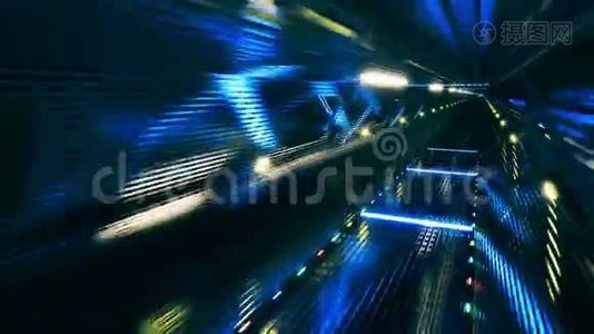 三维渲染，抽象背景，荧光紫外光，发光霓虹灯线，在无尽的隧道内前进视频