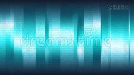 蓝色抽象背景，垂直闪光条纹和数字二进制阵列，无缝环路视频
