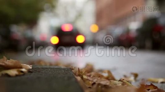 街道上的树叶-秋天的城市景象，背景中的交通和汽车视频