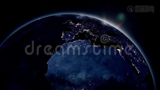 地球三维动画上非常详细的真实史诗日出视频